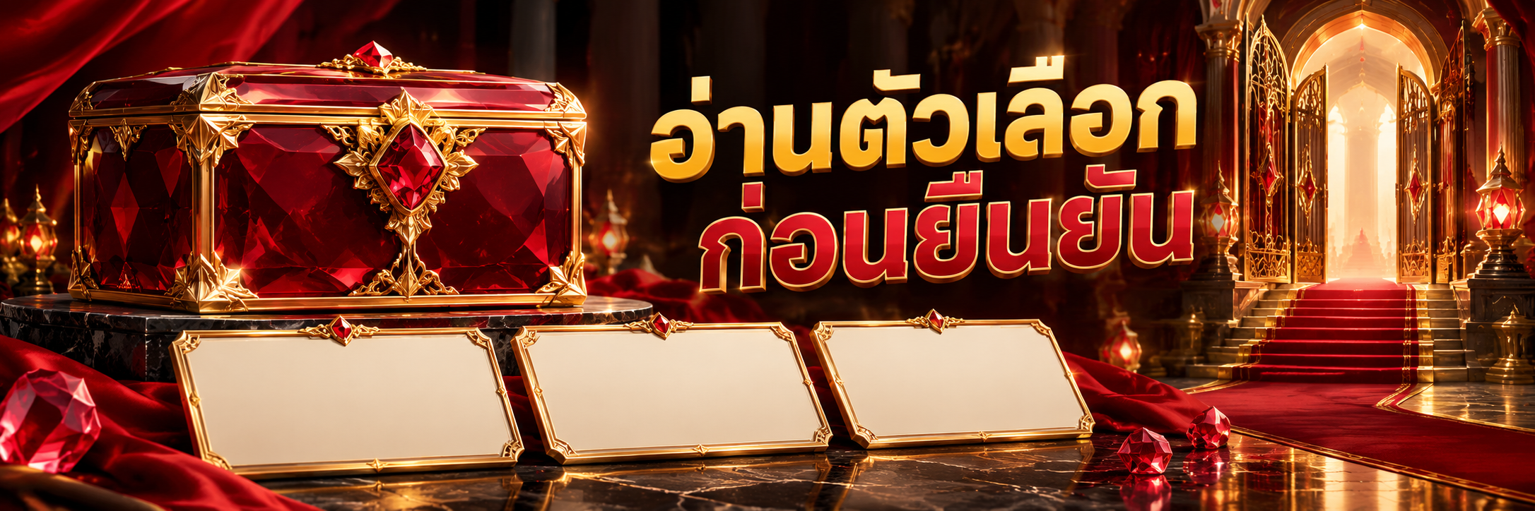 กล่องตั๋วทับทิมกับกรอบทองว่างสามกรอบก่อนทางเข้า
